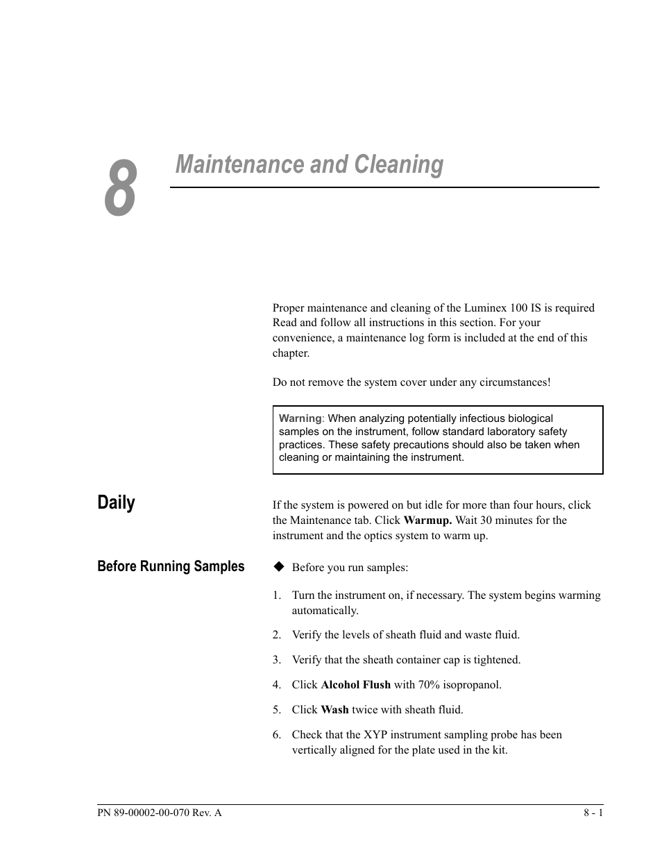 Maintenance and cleaning, Daily | Luminex 100 IS User Manual, Version 2.1 User Manual | Page 137 / 188