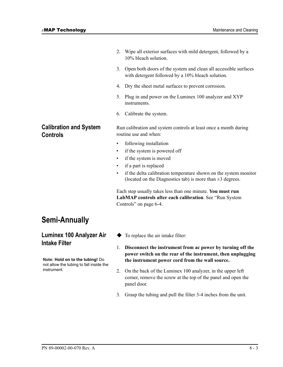 Semi-annually, Calibration and system controls, Luminex 100 analyzer air intake filter | Luminex 100 IS User Manual, Version 2.1 User Manual | Page 139 / 188