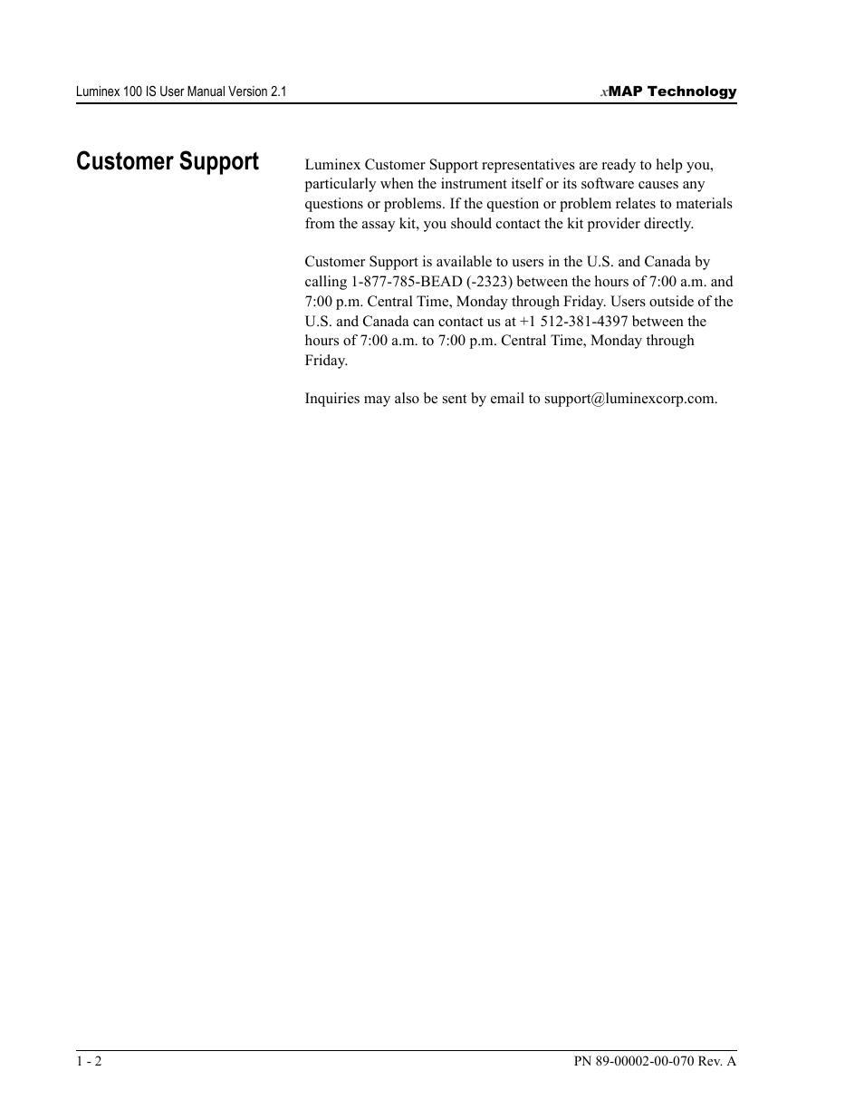 Customer support | Luminex 100 IS User Manual, Version 2.1 User Manual | Page 14 / 188