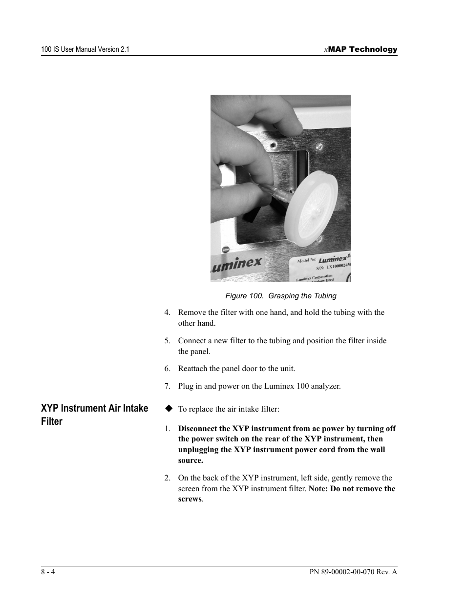 Xyp instrument air intake filter | Luminex 100 IS User Manual, Version 2.1 User Manual | Page 140 / 188