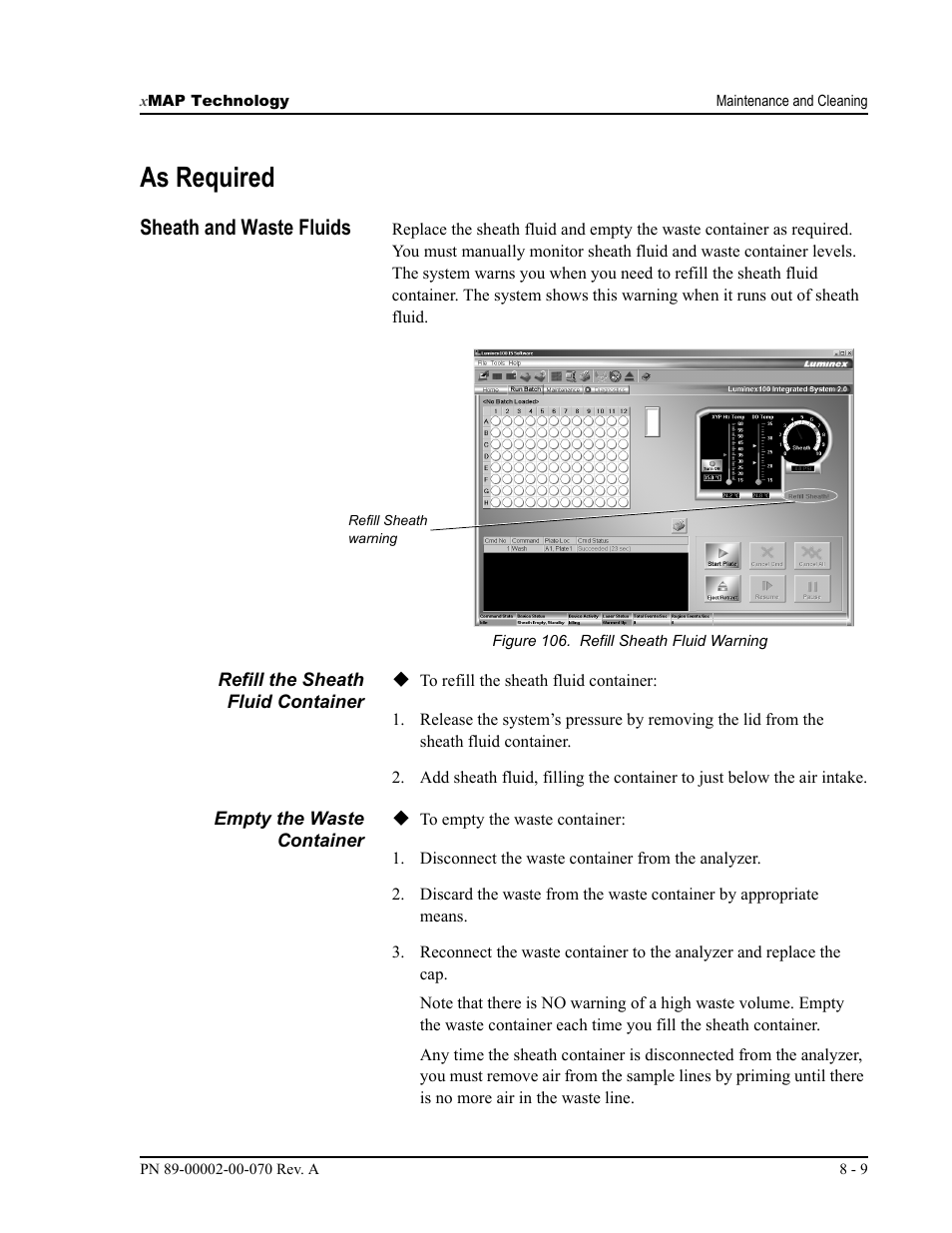 As required, Sheath and waste fluids | Luminex 100 IS User Manual, Version 2.1 User Manual | Page 145 / 188