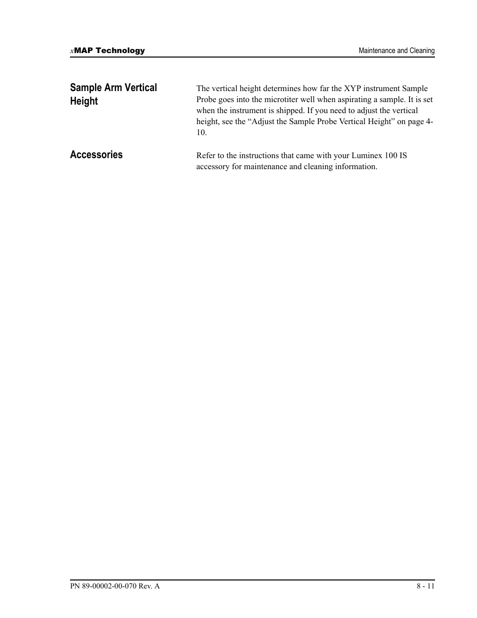 Sample arm vertical height, Accessories | Luminex 100 IS User Manual, Version 2.1 User Manual | Page 147 / 188