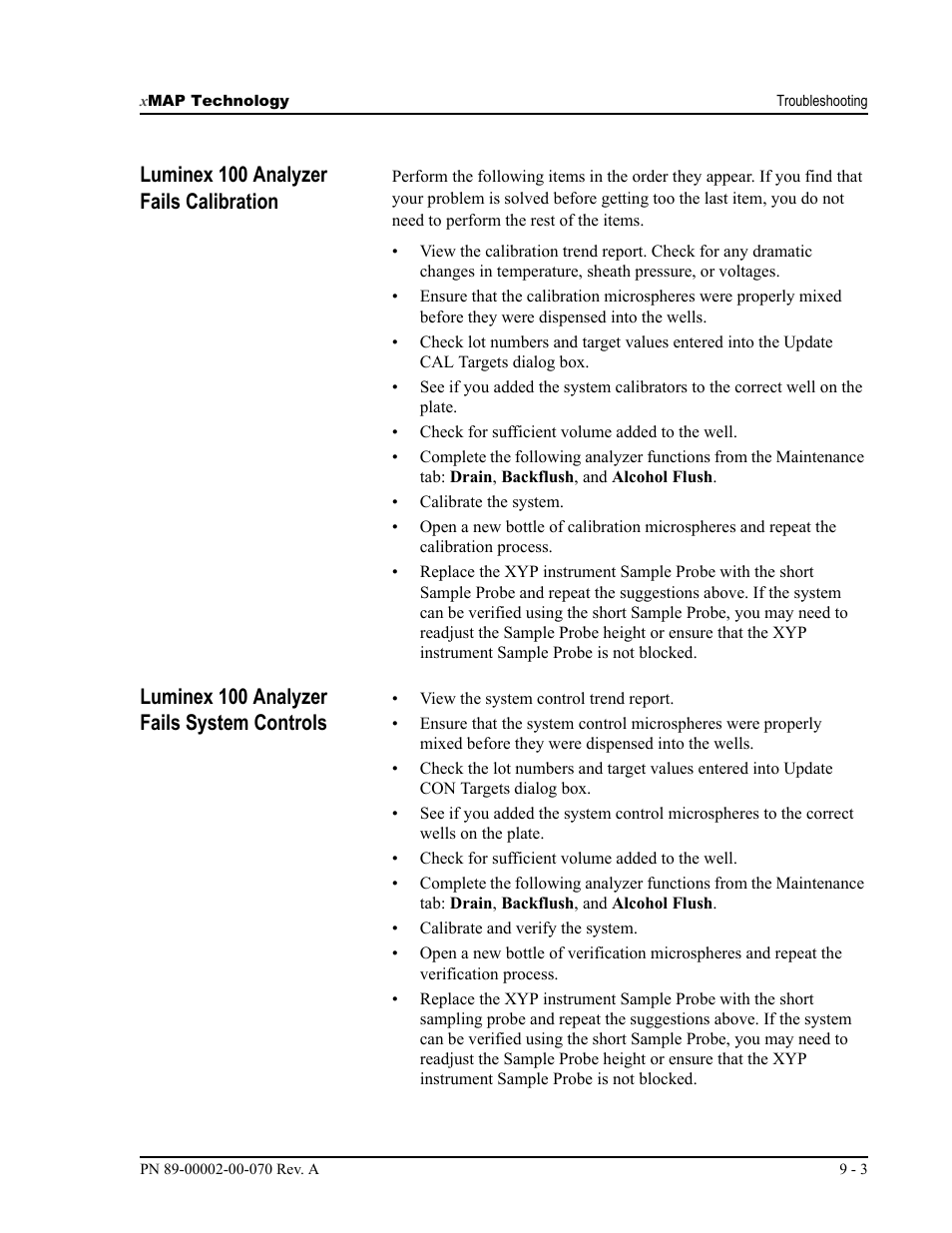 Luminex 100 analyzer fails calibration, Luminex 100 analyzer fails system controls | Luminex 100 IS User Manual, Version 2.1 User Manual | Page 153 / 188