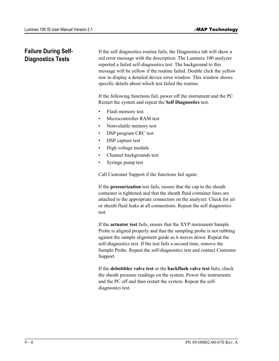 Failure during self- diagnostics tests | Luminex 100 IS User Manual, Version 2.1 User Manual | Page 154 / 188