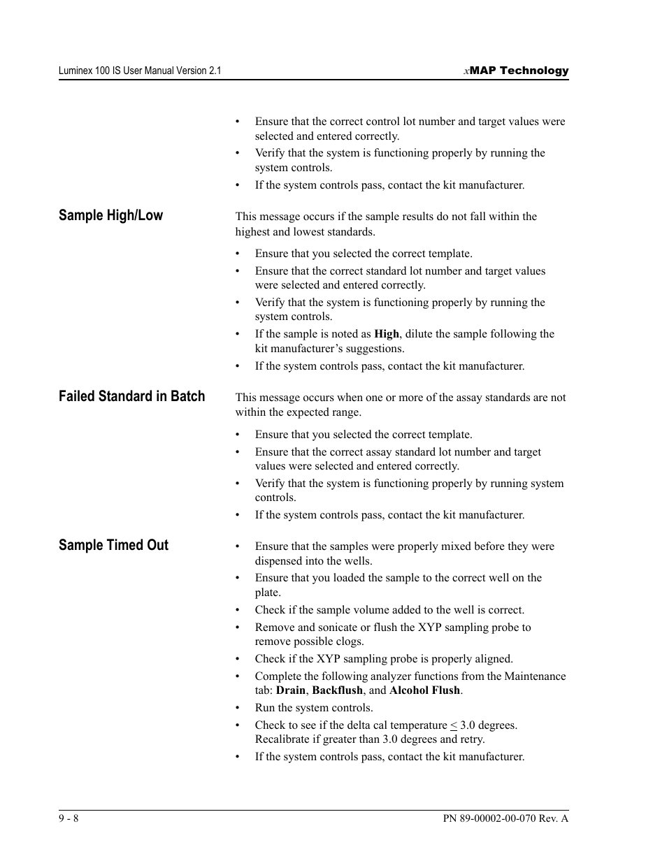 Sample high/low, Failed standard in batch, Sample timed out | Luminex 100 IS User Manual, Version 2.1 User Manual | Page 158 / 188