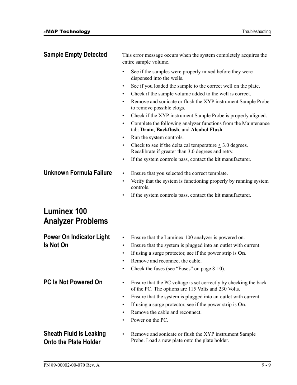 Luminex 100 analyzer problems, Sample empty detected, Unknown formula failure | Power on indicator light is not on, Pc is not powered on, Sheath fluid is leaking onto the plate holder | Luminex 100 IS User Manual, Version 2.1 User Manual | Page 159 / 188