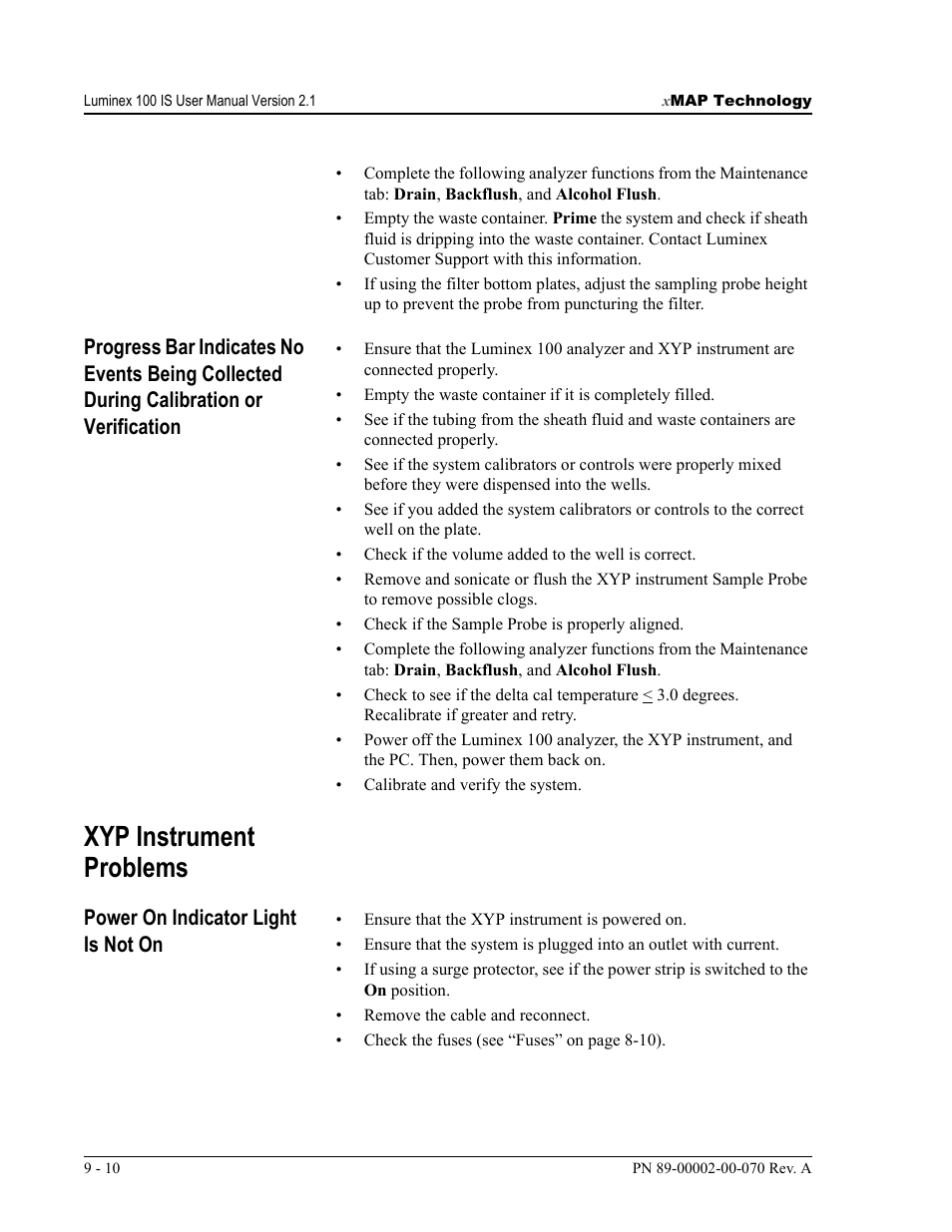Xyp instrument problems, Power on indicator light is not on | Luminex 100 IS User Manual, Version 2.1 User Manual | Page 160 / 188