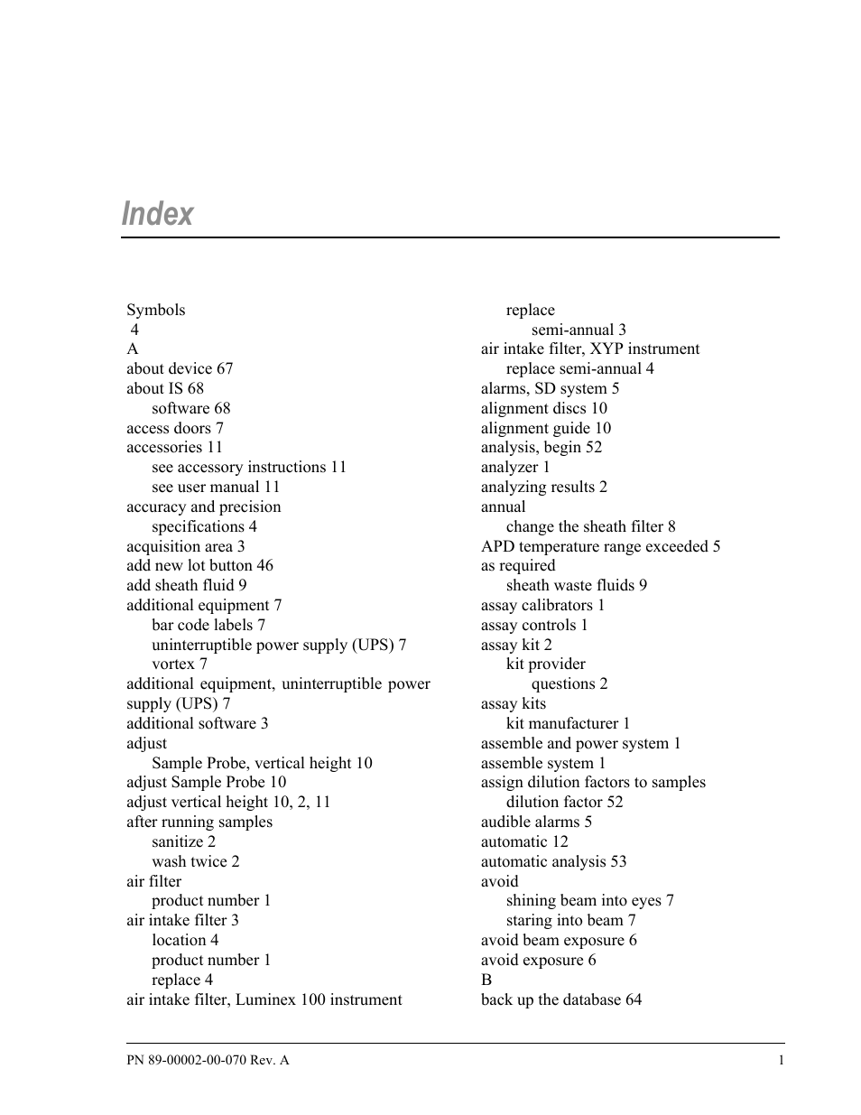 Index | Luminex 100 IS User Manual, Version 2.1 User Manual | Page 179 / 188