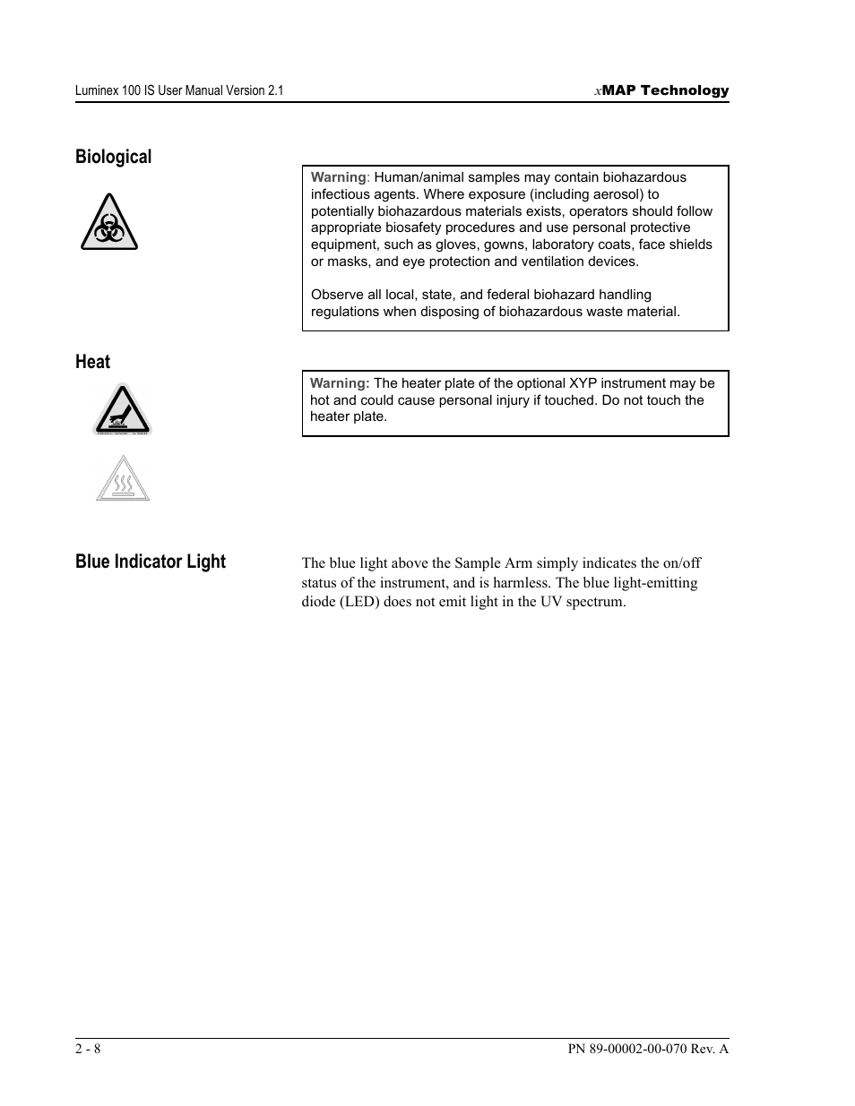 Biological heat blue indicator light | Luminex 100 IS User Manual, Version 2.1 User Manual | Page 22 / 188