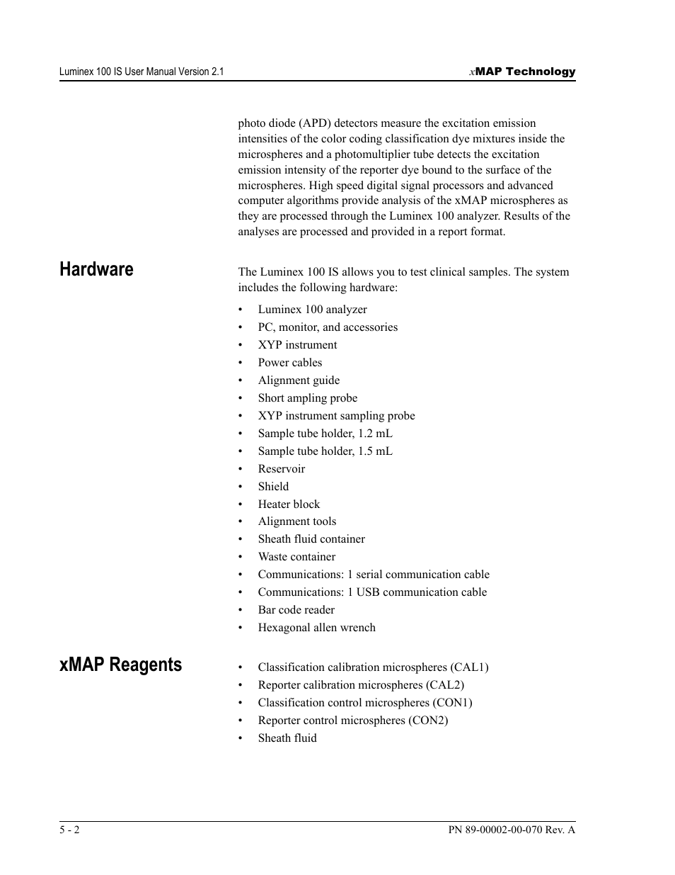 Hardware, Xmap reagents | Luminex 100 IS User Manual, Version 2.1 User Manual | Page 44 / 188
