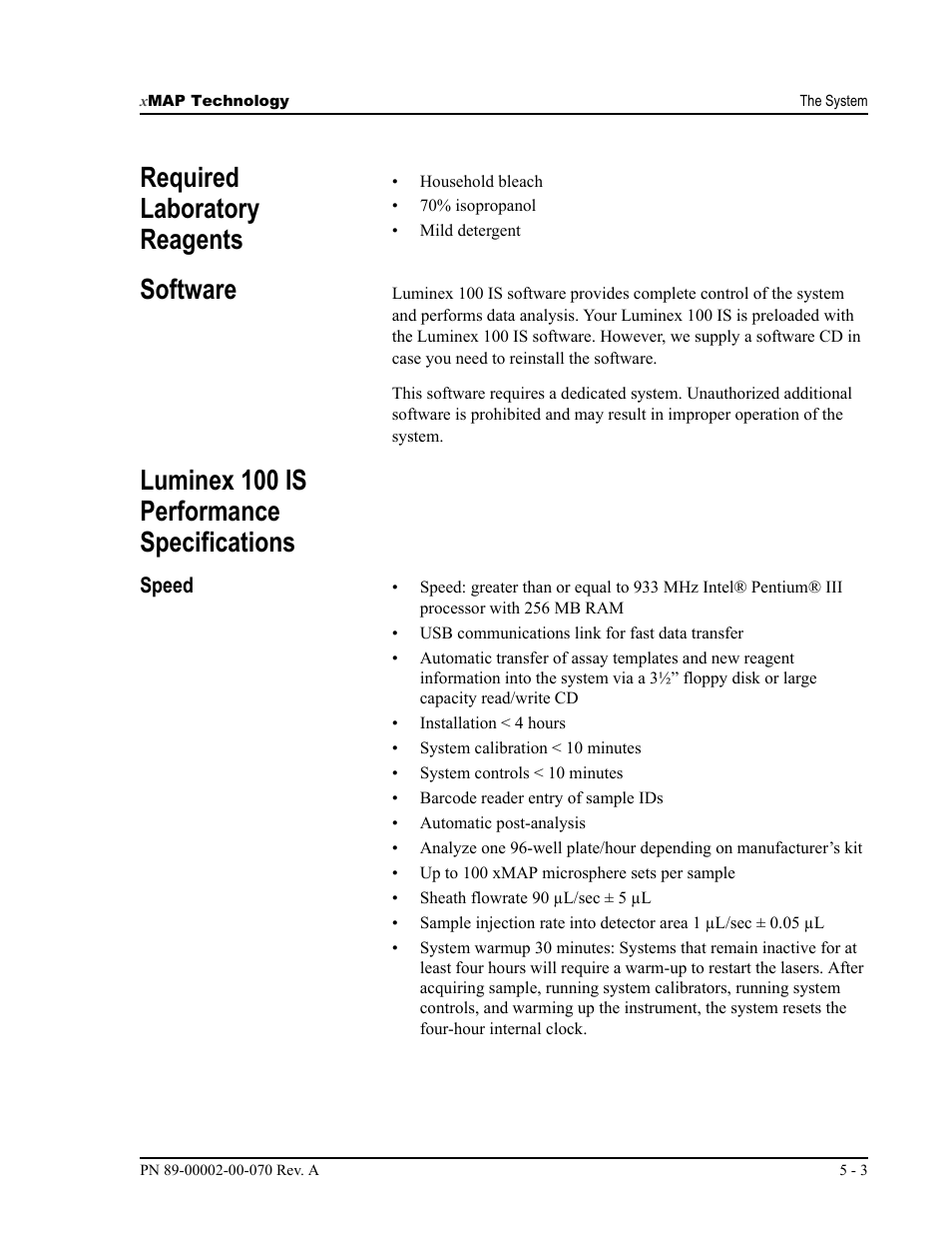 Required laboratory reagents, Software, Luminex 100 is performance specifications | Luminex 100 IS User Manual, Version 2.1 User Manual | Page 45 / 188