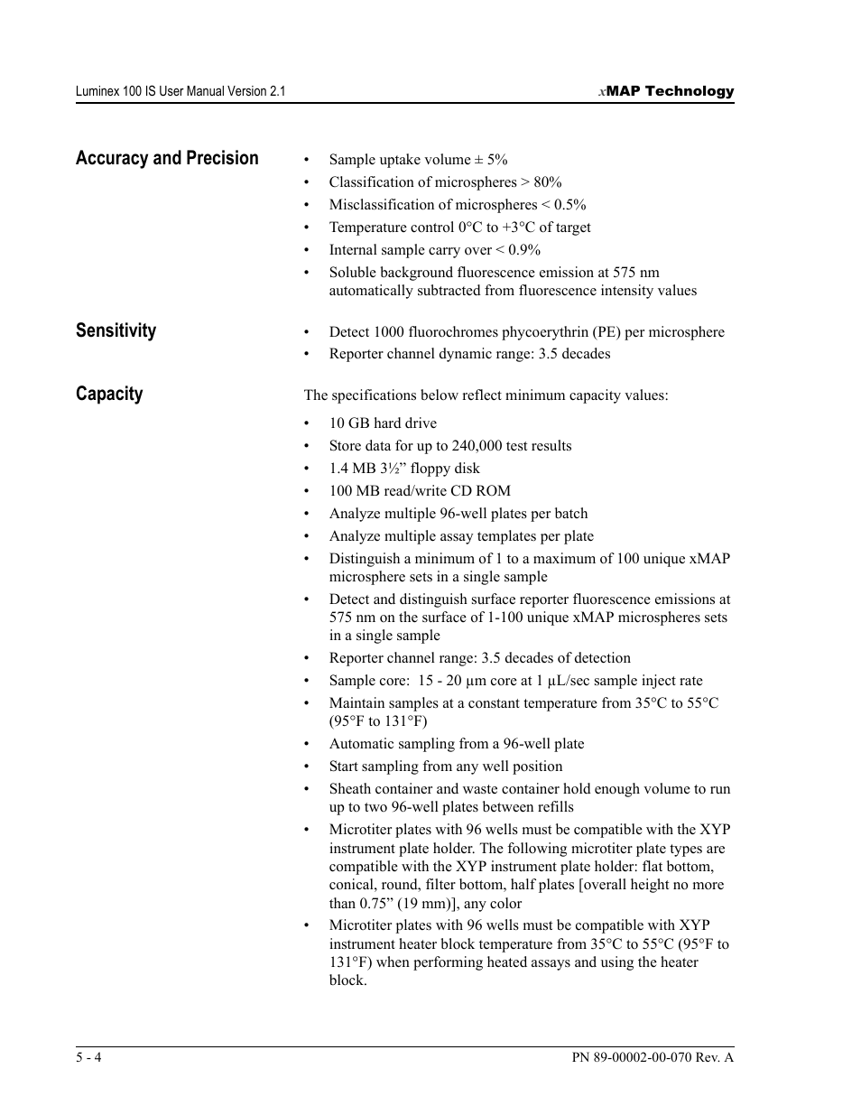 Accuracy and precision, Sensitivity, Capacity | Luminex 100 IS User Manual, Version 2.1 User Manual | Page 46 / 188