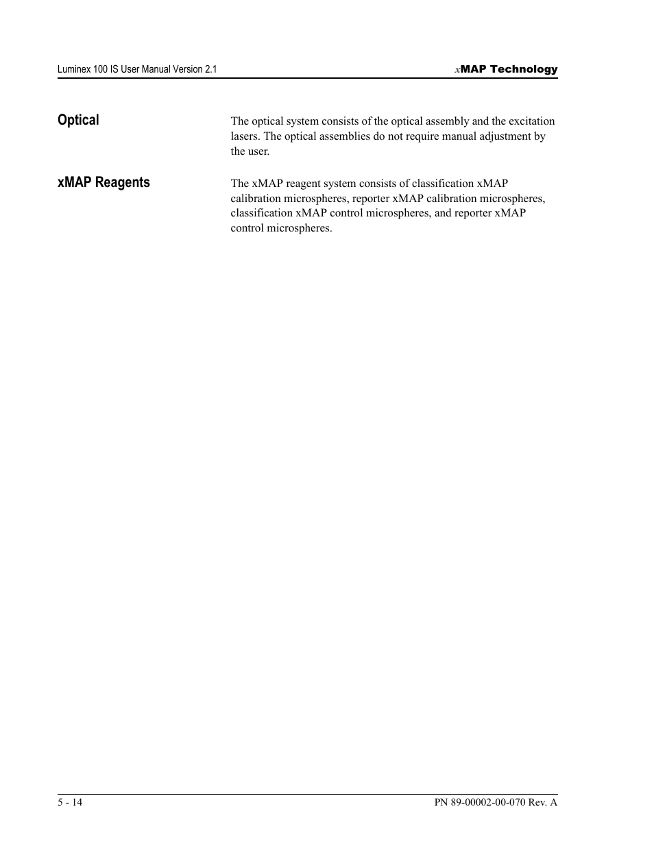 Optical, Xmap reagents | Luminex 100 IS User Manual, Version 2.1 User Manual | Page 56 / 188