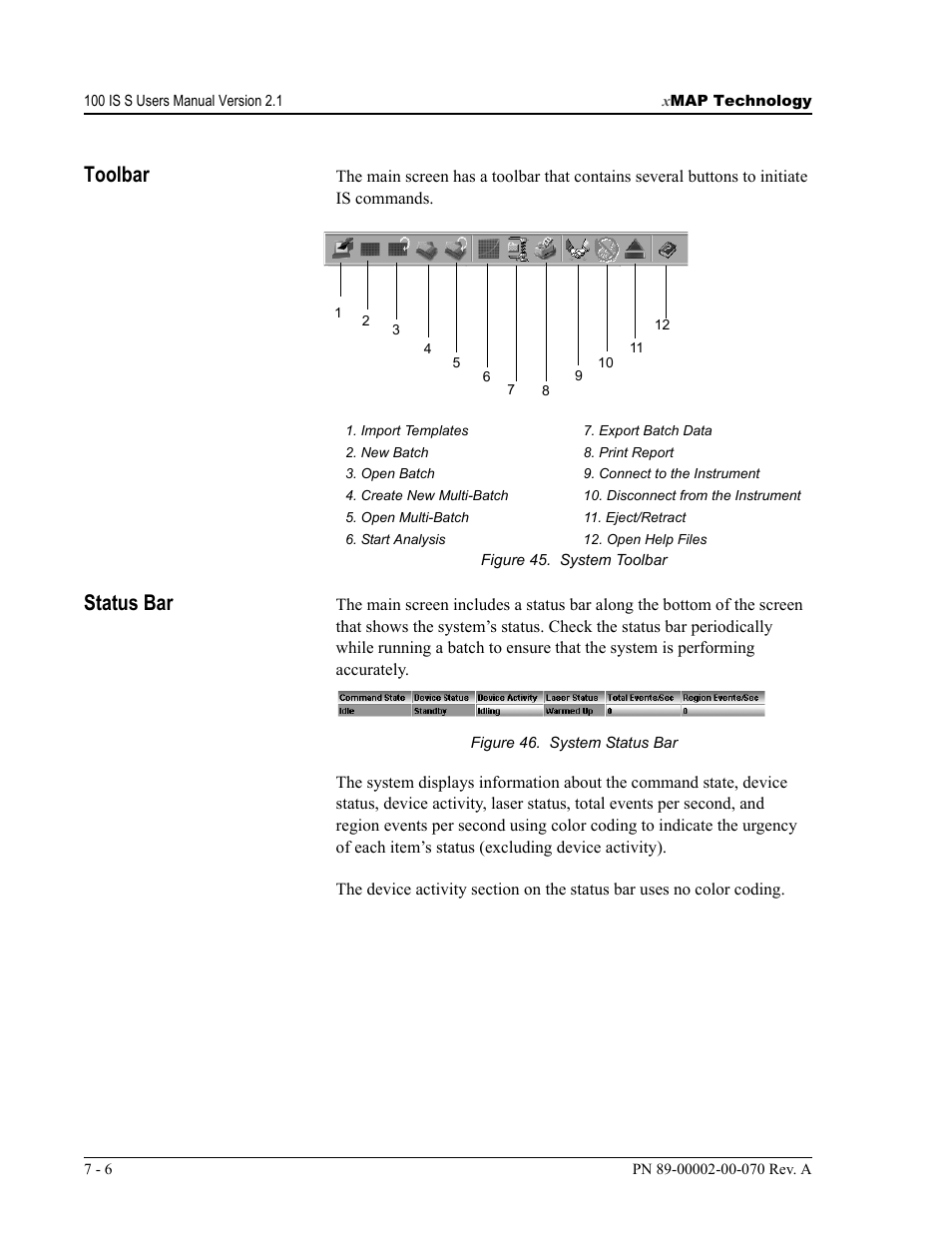 Toolbar, Status bar | Luminex 100 IS User Manual, Version 2.1 User Manual | Page 70 / 188