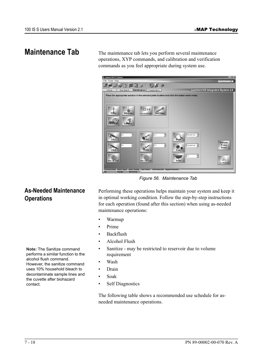 Maintenance tab, As-needed maintenance operations | Luminex 100 IS User Manual, Version 2.1 User Manual | Page 82 / 188