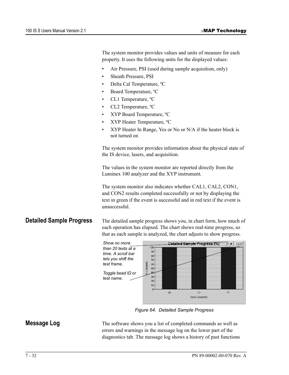 Detailed sample progress, Message log | Luminex 100 IS User Manual, Version 2.1 User Manual | Page 96 / 188