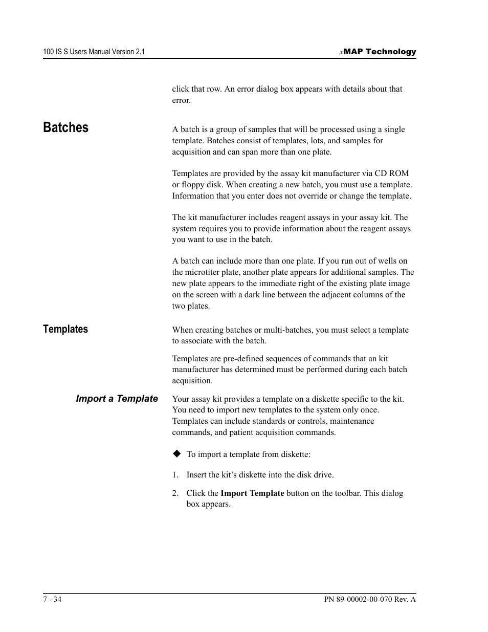 Batches, Templates | Luminex 100 IS User Manual, Version 2.1 User Manual | Page 98 / 188