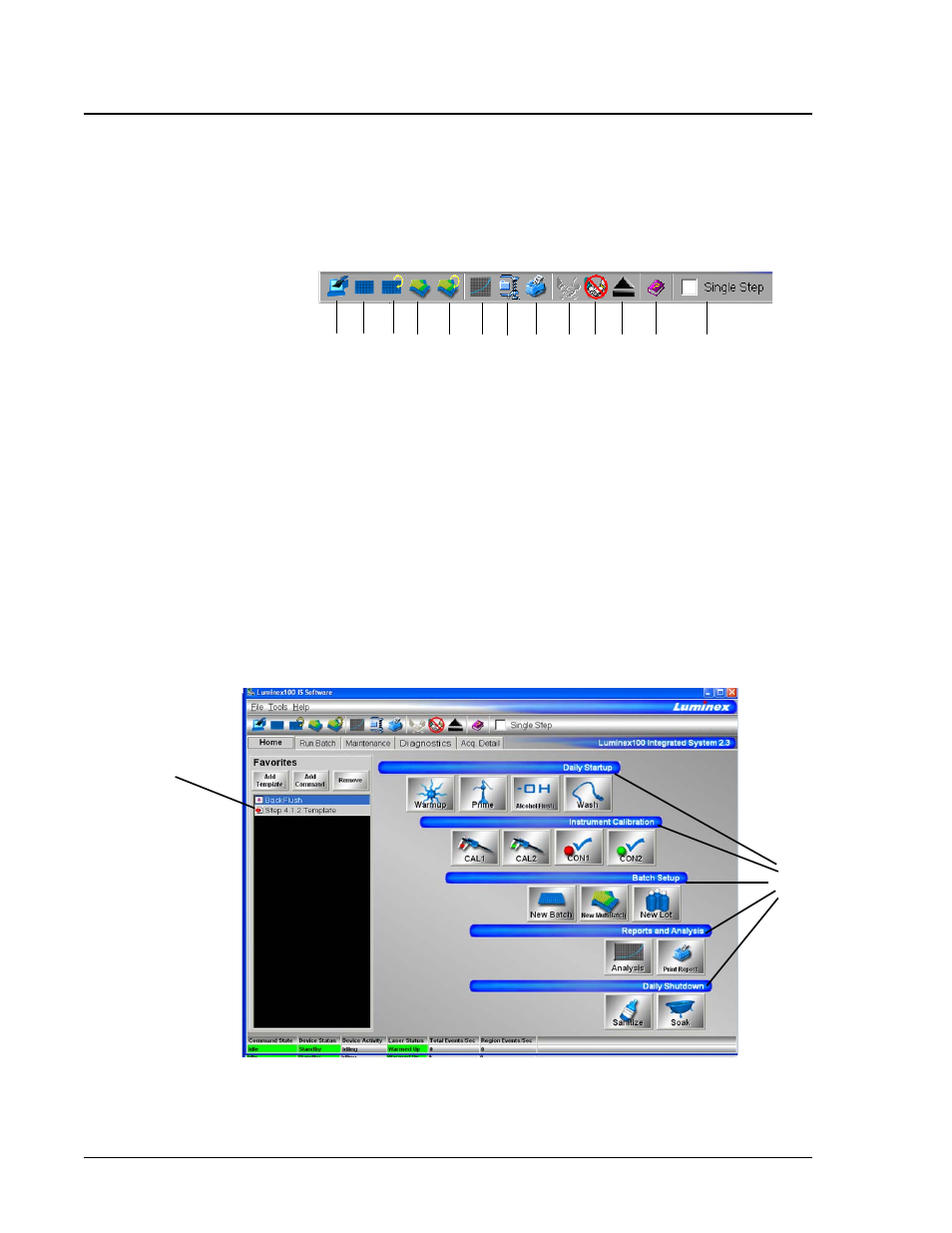 Toolbar, Tabs, Home tab | Toolbar -4 tabs -4, Home tab -4 | Luminex 100 IS User Manual, Version 2.3 User Manual | Page 46 / 228