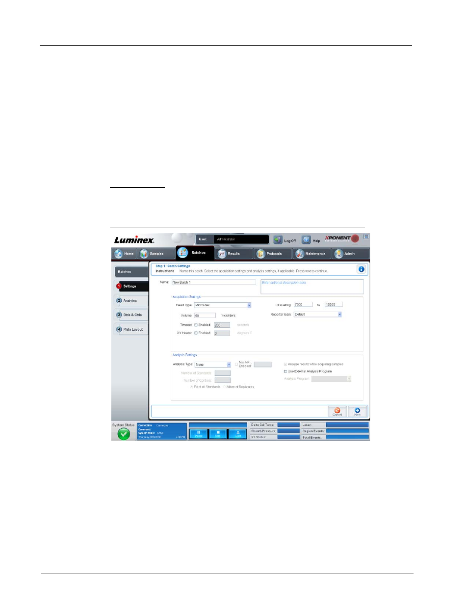 Create a new batch from a new protocol, Settings tab | Luminex xPONENT 3.1 User Manual | Page 36 / 140
