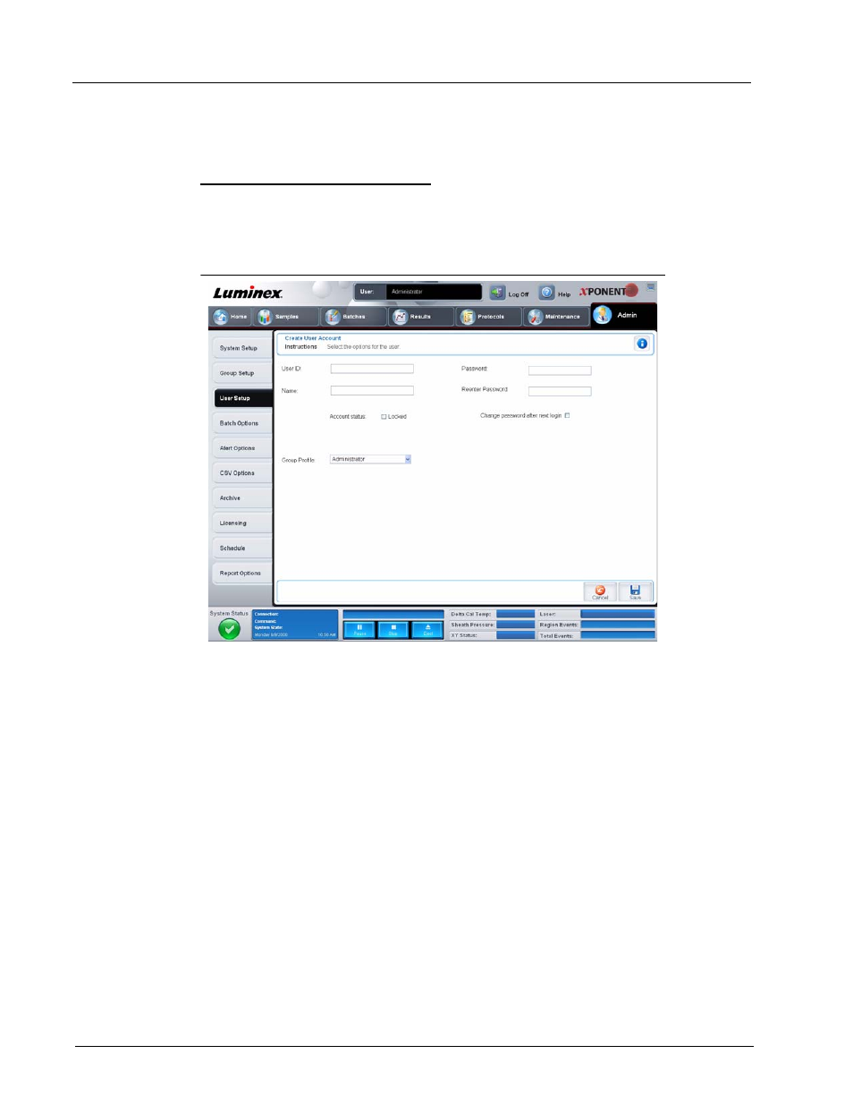 Create user account screen | Luminex xPONENT 3.1 User Manual | Page 90 / 140