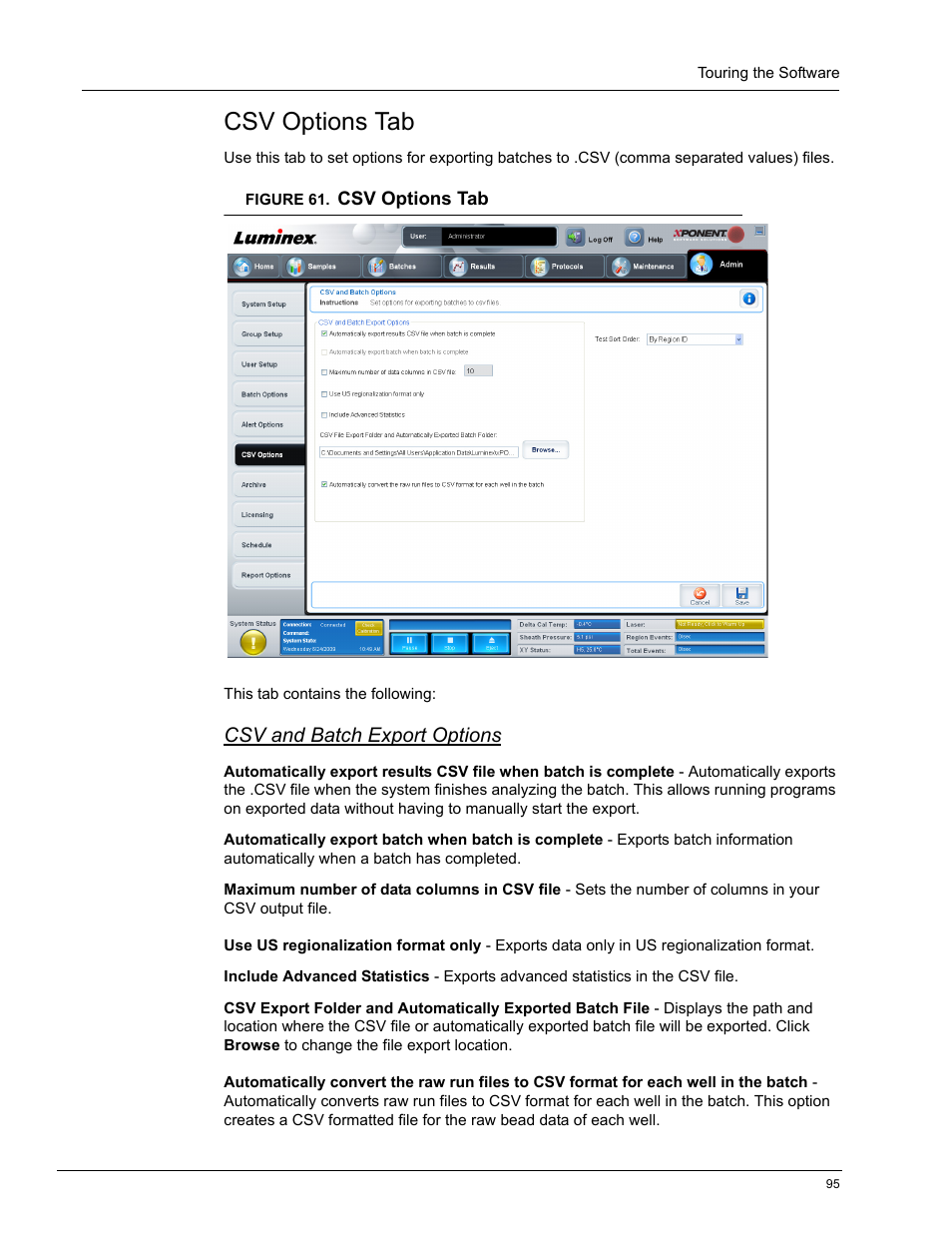 Csv options tab, Csv and batch export options | Luminex xPONENT 4.0 SP1 User Manual | Page 107 / 152