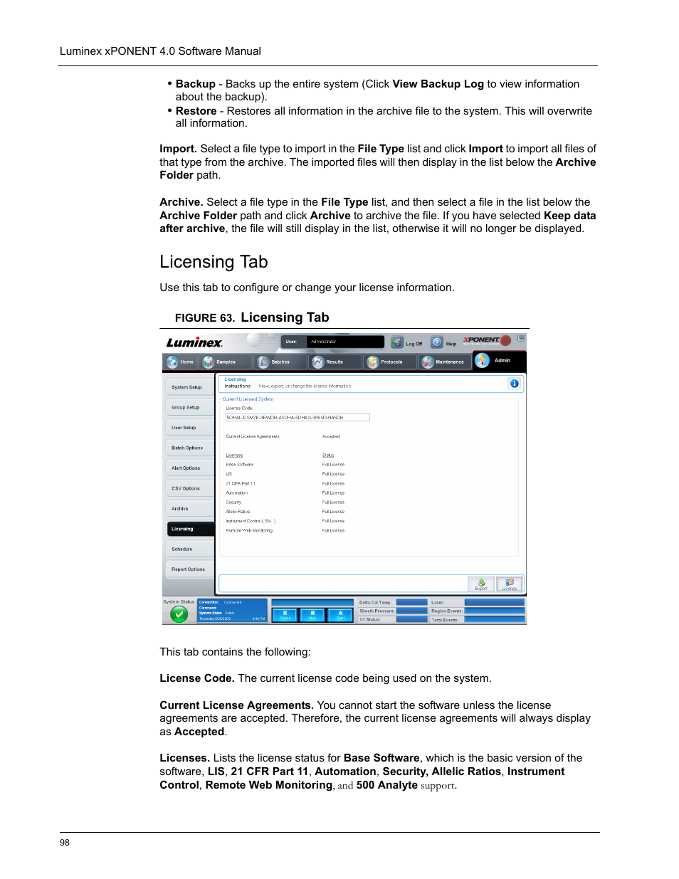 Licensing tab | Luminex xPONENT 4.0 SP1 User Manual | Page 110 / 152