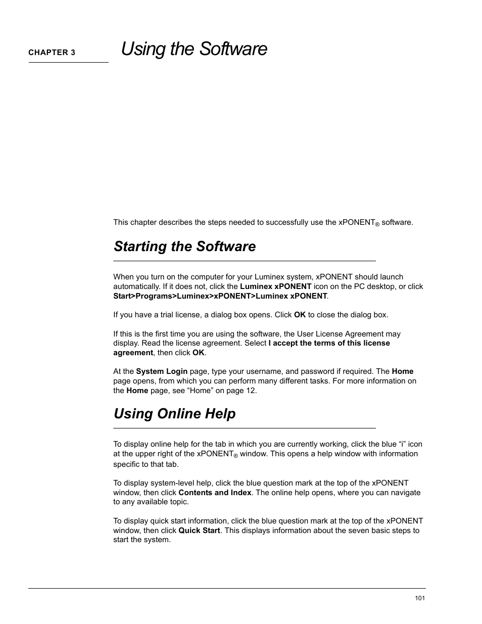 Chapter 3 using the software, Starting the software, Using online help | Using the software | Luminex xPONENT 4.0 SP1 User Manual | Page 113 / 152