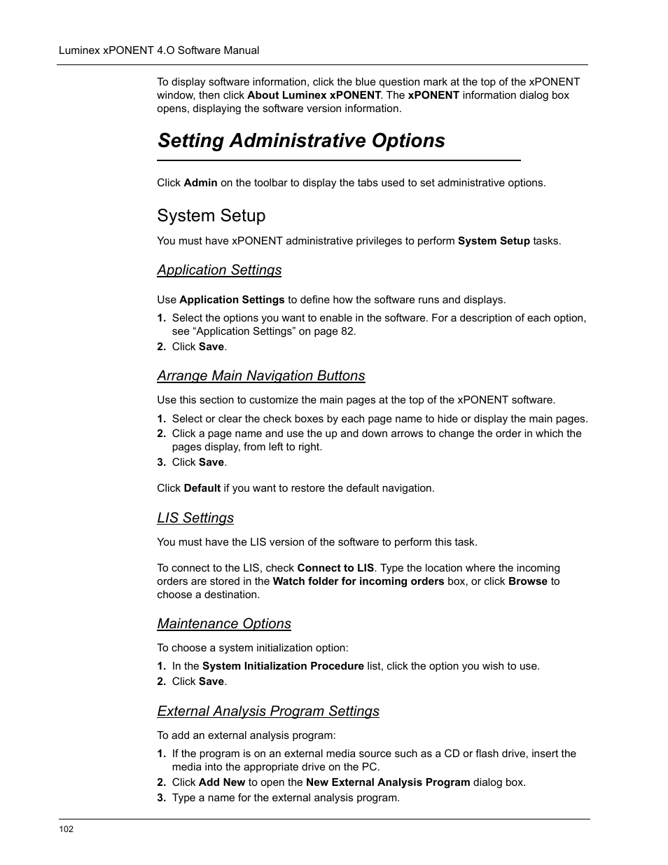Setting administrative options, System setup, Application settings | Arrange main navigation buttons, Lis settings, Maintenance options, External analysis program settings | Luminex xPONENT 4.0 SP1 User Manual | Page 114 / 152