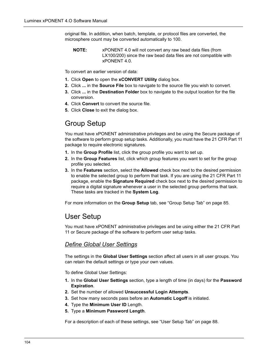 Group setup, User setup, Define global user settings | Luminex xPONENT 4.0 SP1 User Manual | Page 116 / 152
