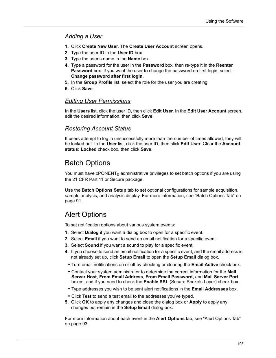 Adding a user, Editing user permissions, Restoring account status | Batch options, Alert options | Luminex xPONENT 4.0 SP1 User Manual | Page 117 / 152