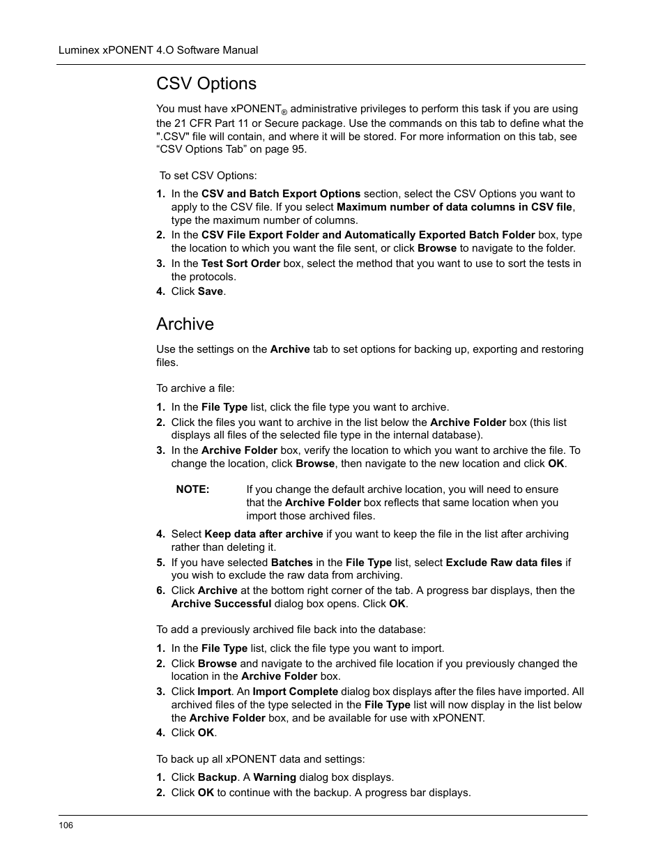 Csv options, Archive | Luminex xPONENT 4.0 SP1 User Manual | Page 118 / 152