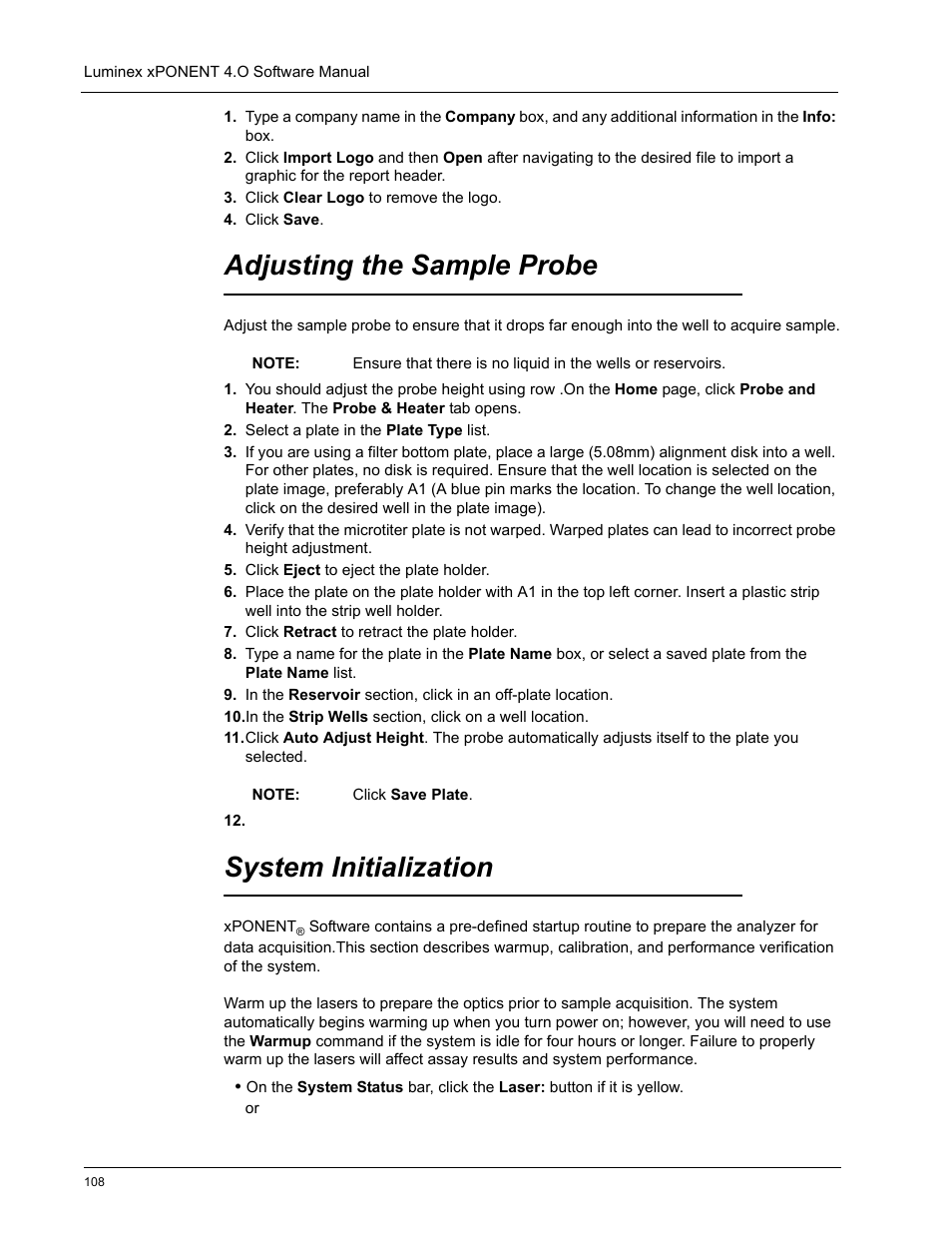 Adjusting the sample probe, System initialization | Luminex xPONENT 4.0 SP1 User Manual | Page 120 / 152