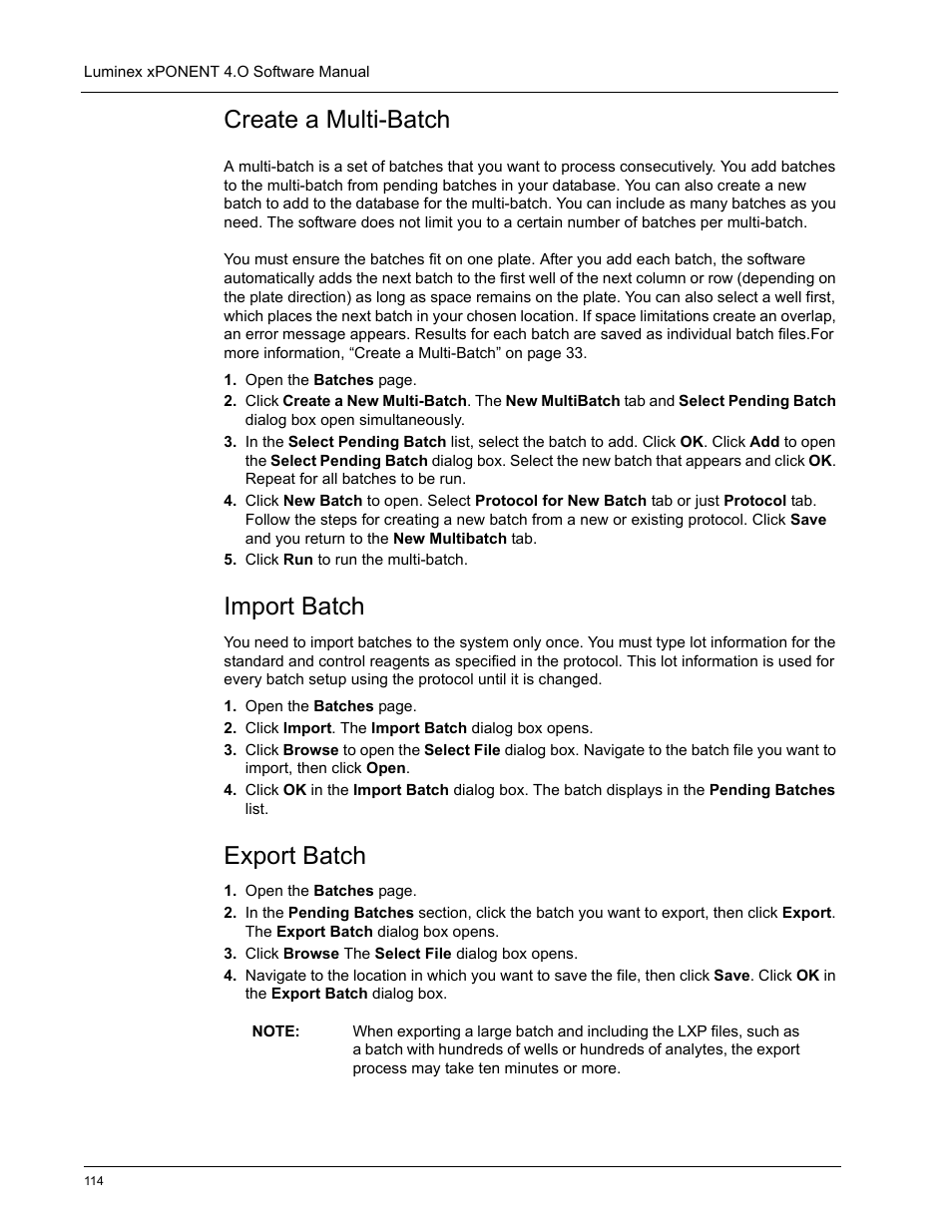 Create a multi-batch, Import batch, Export batch | Luminex xPONENT 4.0 SP1 User Manual | Page 126 / 152