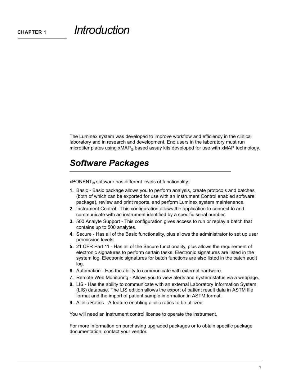 Chapter 1 introduction, Software packages, Introduction | Luminex xPONENT 4.0 SP1 User Manual | Page 13 / 152