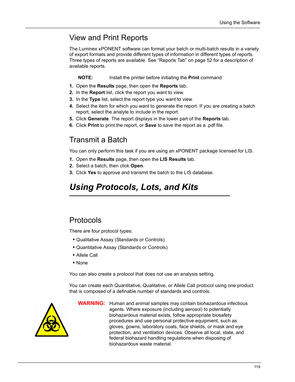 View and print reports, Transmit a batch, Using protocols, lots, and kits | Protocols | Luminex xPONENT 4.0 SP1 User Manual | Page 131 / 152