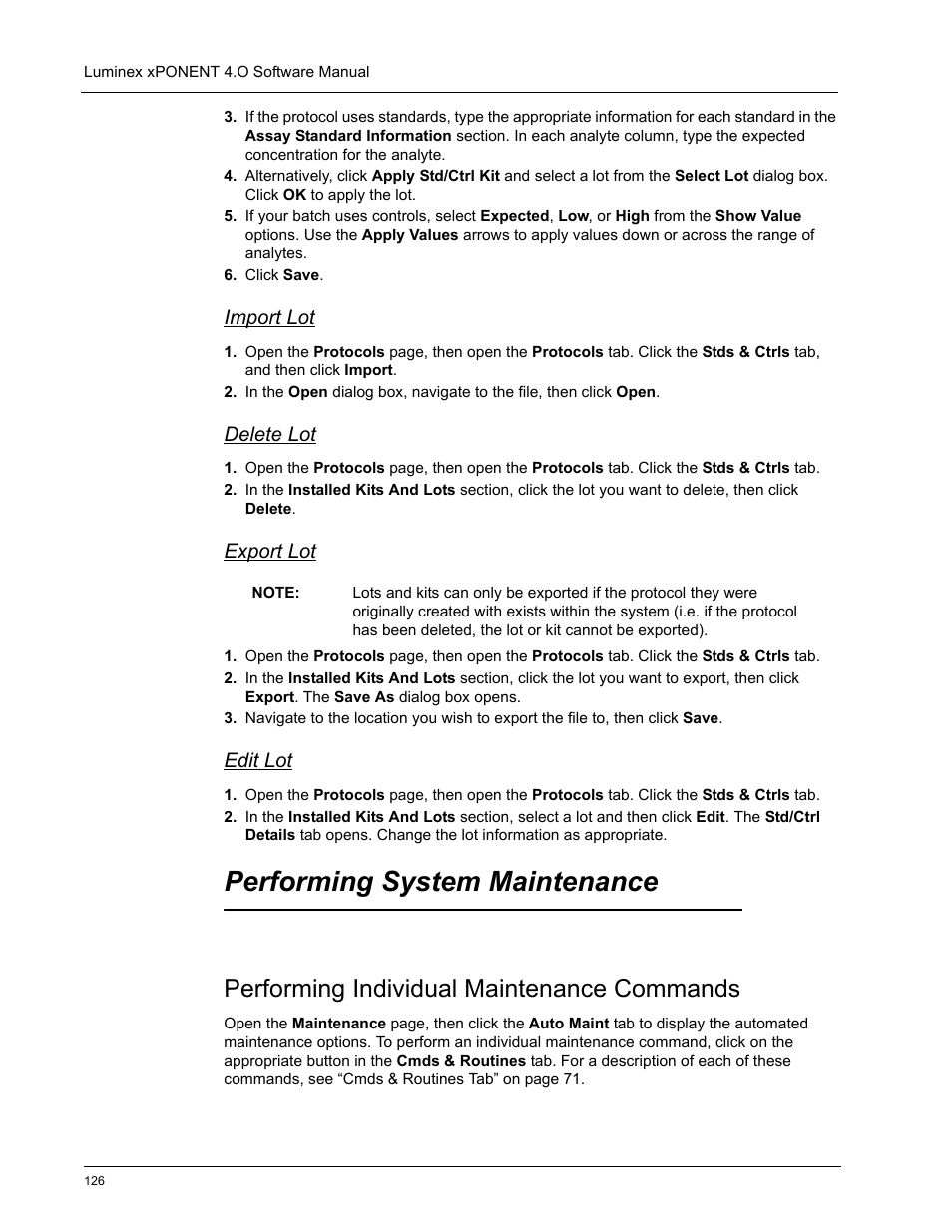 Import lot, Delete lot, Export lot | Edit lot, Performing system maintenance, Performing individual maintenance commands | Luminex xPONENT 4.0 SP1 User Manual | Page 138 / 152