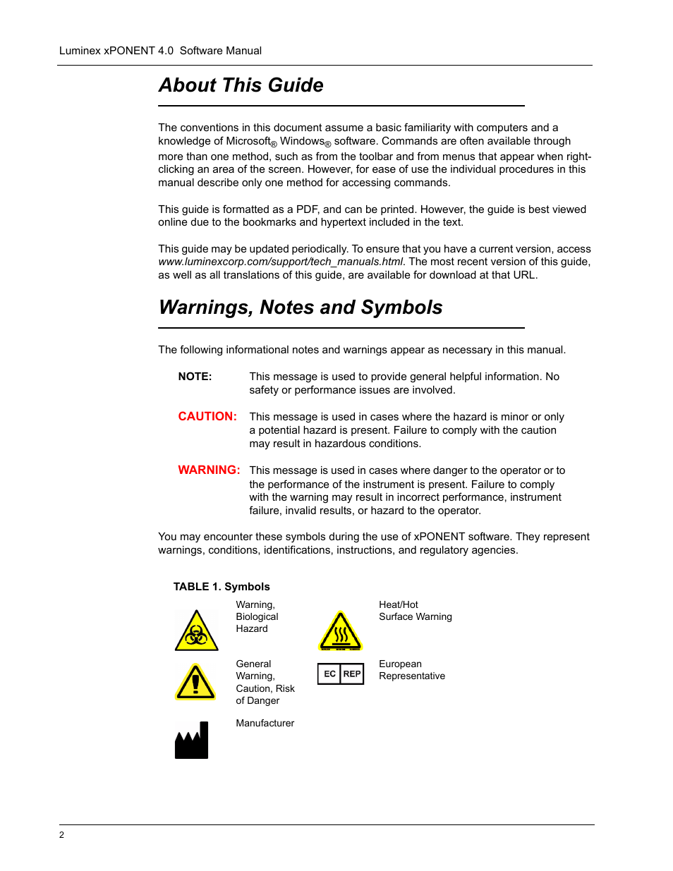 About this guide, Warnings, notes and symbols | Luminex xPONENT 4.0 SP1 User Manual | Page 14 / 152