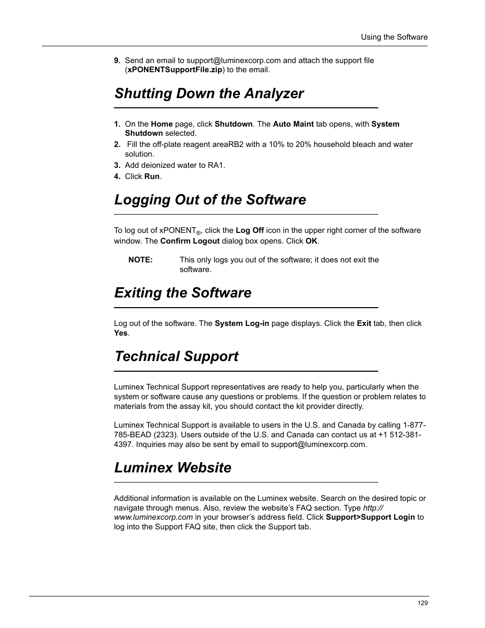 Shutting down the analyzer, Logging out of the software, Exiting the software | Technical support, Luminex website | Luminex xPONENT 4.0 SP1 User Manual | Page 141 / 152