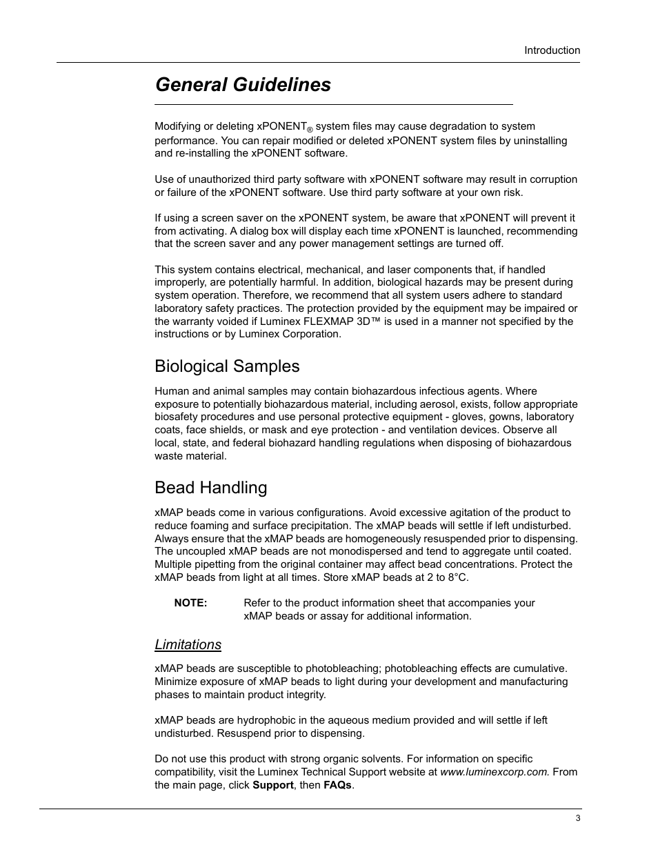 General guidelines, Biological samples, Bead handling | Limitations | Luminex xPONENT 4.0 SP1 User Manual | Page 15 / 152