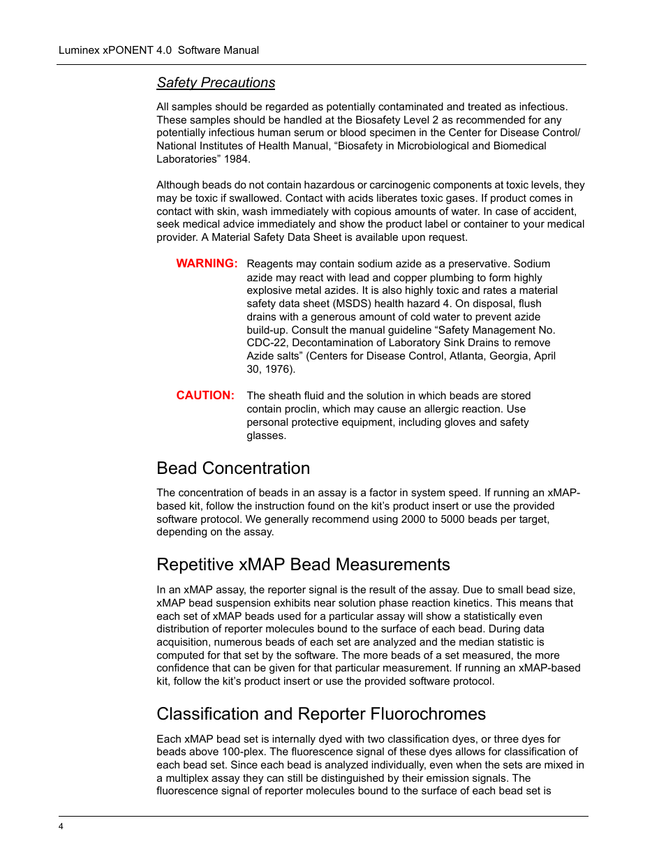 Safety precautions, Bead concentration, Repetitive xmap bead measurements | Classification and reporter fluorochromes | Luminex xPONENT 4.0 SP1 User Manual | Page 16 / 152