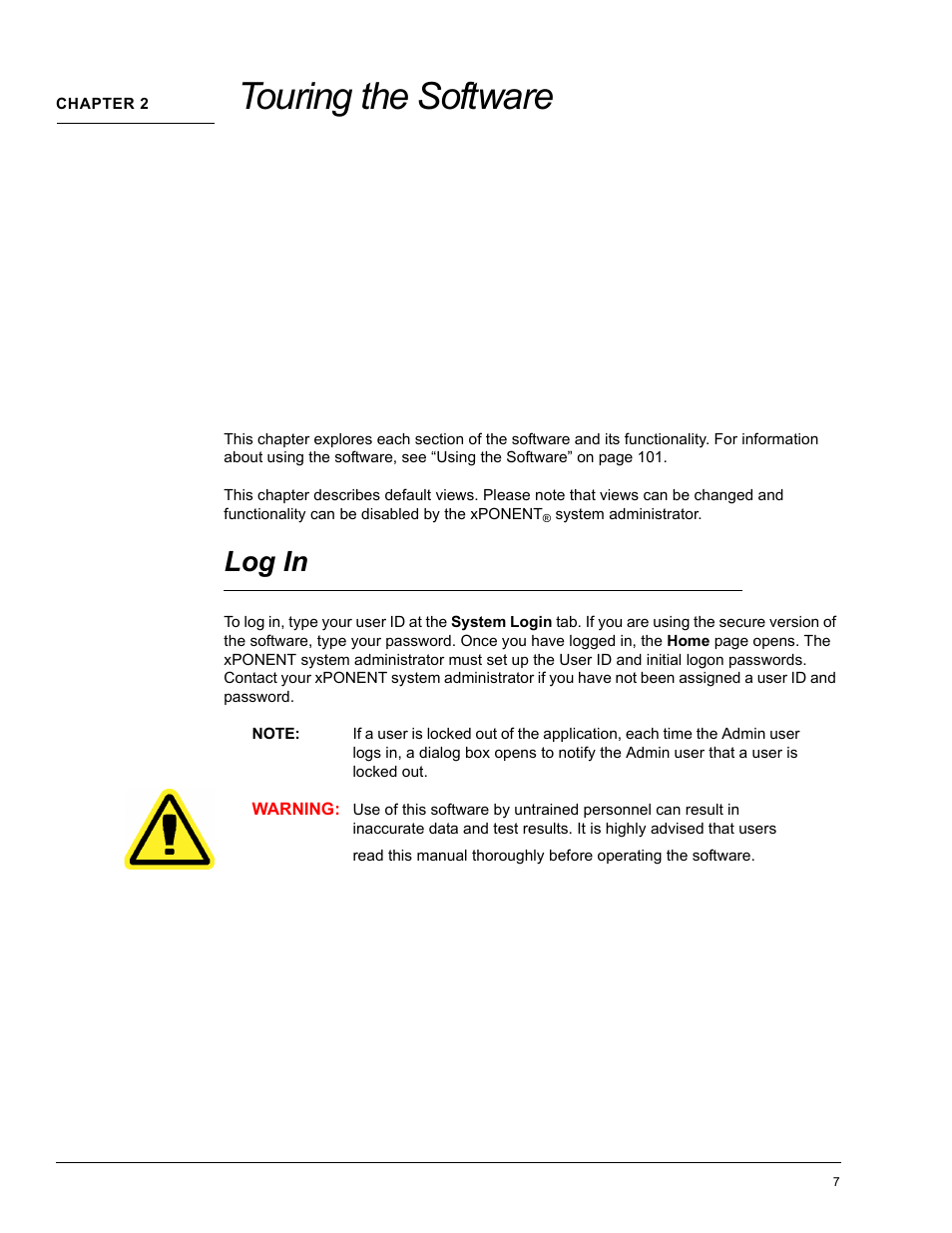 Chapter 2 touring the software, Log in, Touring the software | Luminex xPONENT 4.0 SP1 User Manual | Page 19 / 152