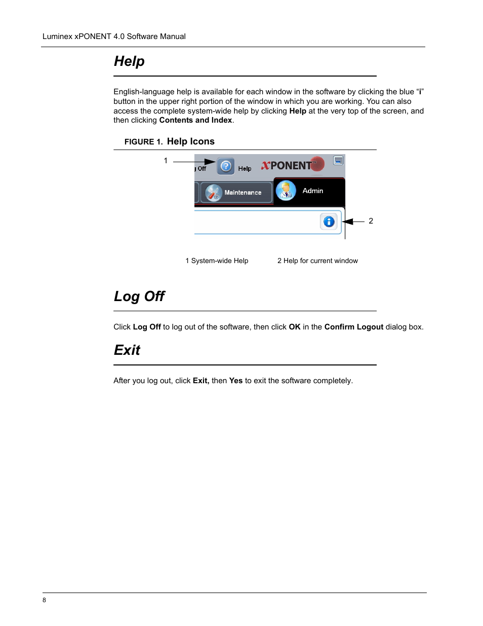 Help, Log off, Exit | Luminex xPONENT 4.0 SP1 User Manual | Page 20 / 152
