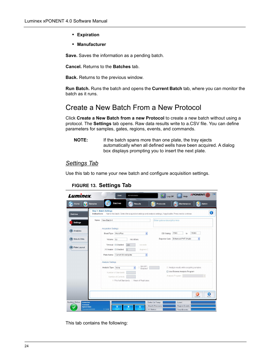 Create a new batch from a new protocol, Settings tab | Luminex xPONENT 4.0 SP1 User Manual | Page 36 / 152
