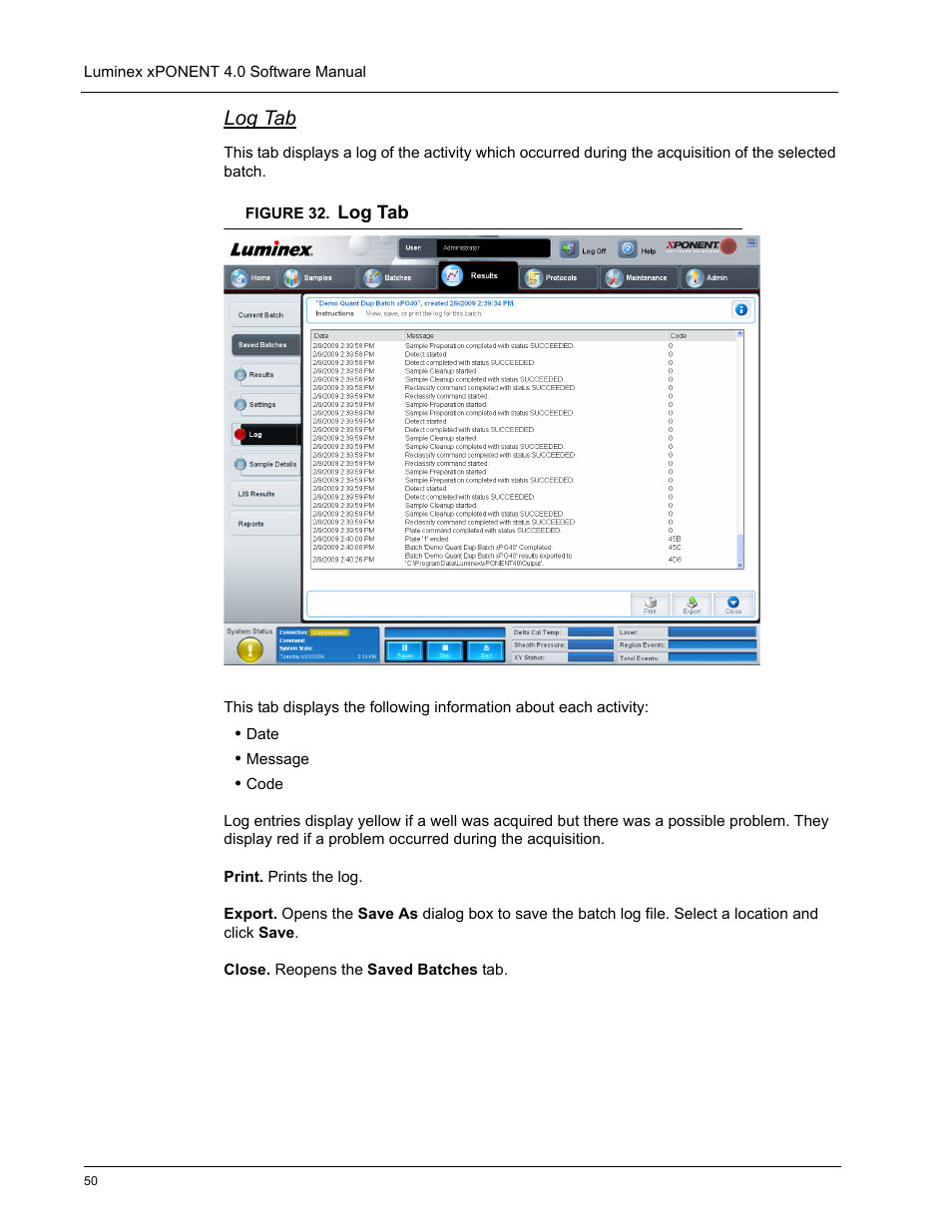 Log tab | Luminex xPONENT 4.0 SP1 User Manual | Page 62 / 152