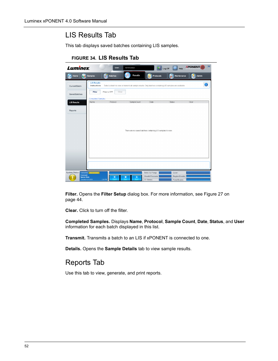 Lis results tab, Reports tab | Luminex xPONENT 4.0 SP1 User Manual | Page 64 / 152
