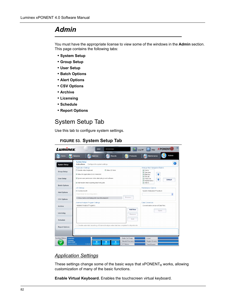 Admin, System setup tab, Application settings | Luminex xPONENT 4.0 SP1 User Manual | Page 94 / 152