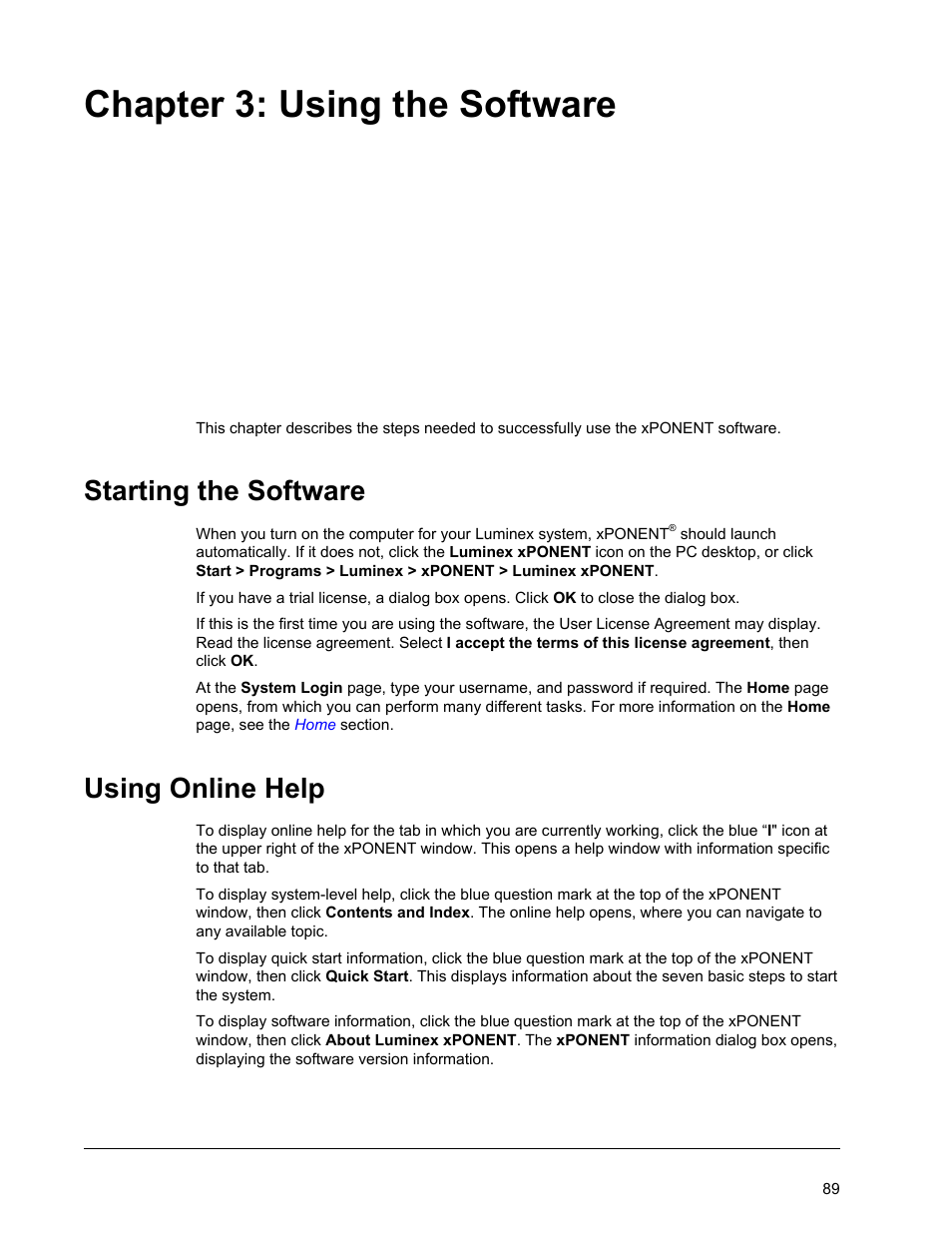 Using the software, Starting the software, Using online help | Chapter 3 using the software, Starting the software using online help, Chapter 3: using the software | Luminex xPONENT 3.1 Rev 2 User Manual | Page 102 / 145