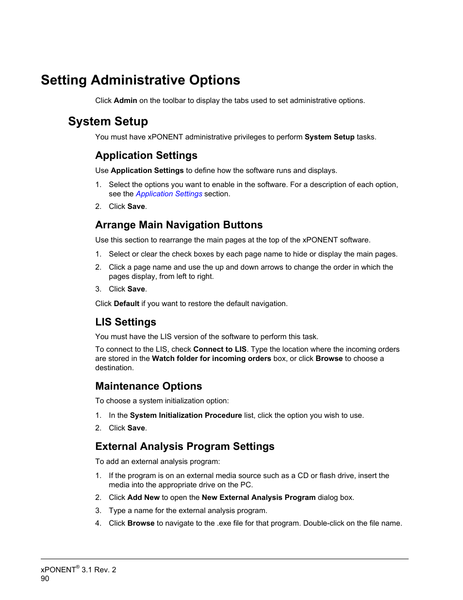 Setting administrative options, System setup, Application settings | Arrange main navigation buttons, Lis settings, Maintenance options, External analysis program settings | Luminex xPONENT 3.1 Rev 2 User Manual | Page 103 / 145