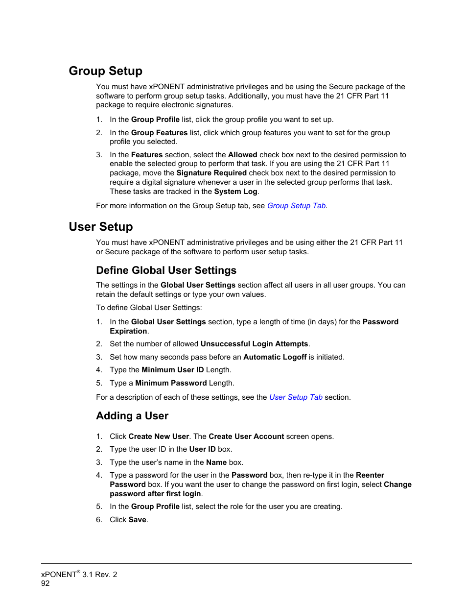 Group setup, User setup, Define global user settings | Adding a user, Group setup user setup | Luminex xPONENT 3.1 Rev 2 User Manual | Page 105 / 145