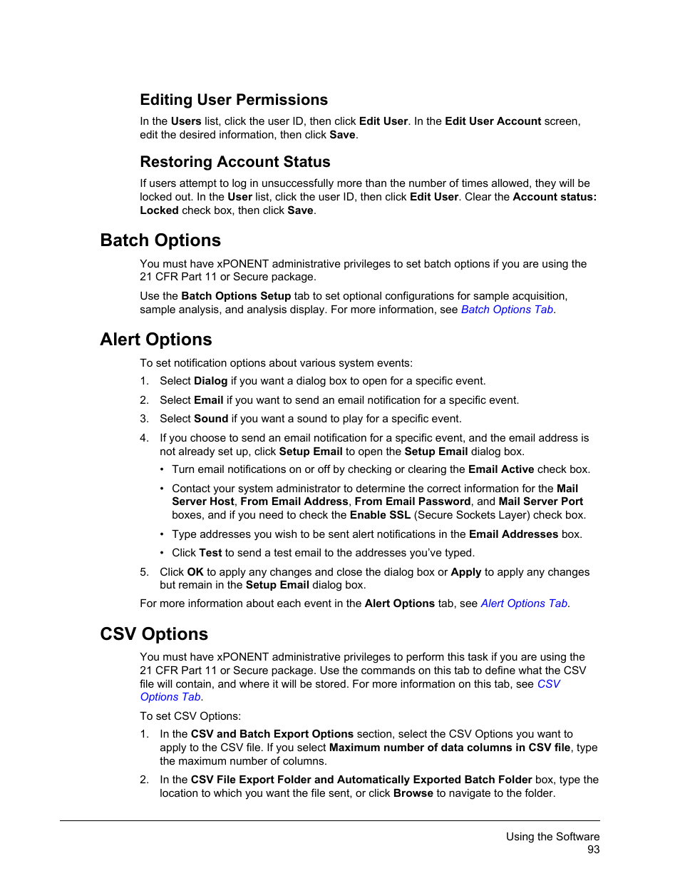 Editing user permissions, Restoring account status, Batch options | Alert options, Csv options, Batch options alert options csv options | Luminex xPONENT 3.1 Rev 2 User Manual | Page 106 / 145